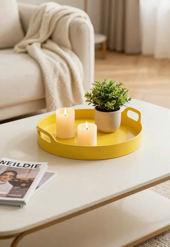 30 Yellow Decor Living Room Ideas for a Cheerful Stylish Space - 13. Yellow Decorative Trays 1