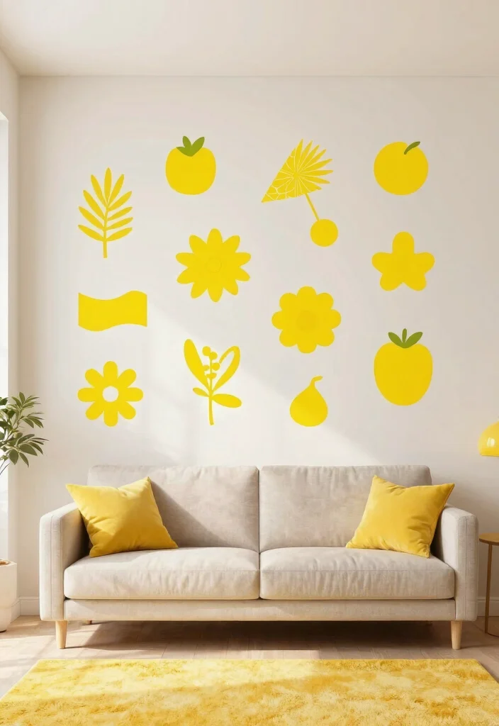 30 Yellow Decor Living Room Ideas for a Cheerful Stylish Space - 14. Fun Yellow Wall Decals 1