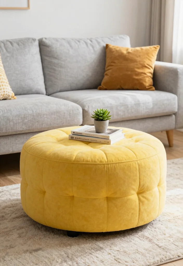30 Yellow Decor Living Room Ideas for a Cheerful Stylish Space - 16. Yellow Tufted Ottomans 1
