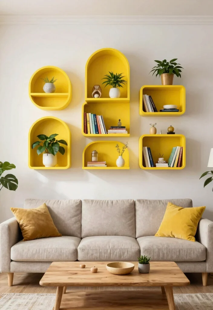 30 Yellow Decor Living Room Ideas for a Cheerful Stylish Space - 17. Playful Yellow Wall Shelves 1