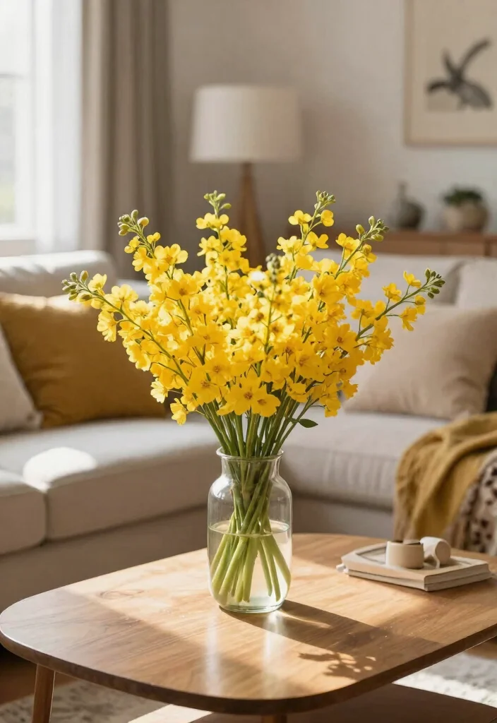 30 Yellow Decor Living Room Ideas for a Cheerful Stylish Space - 19. Yellow Floral Arrangements 1