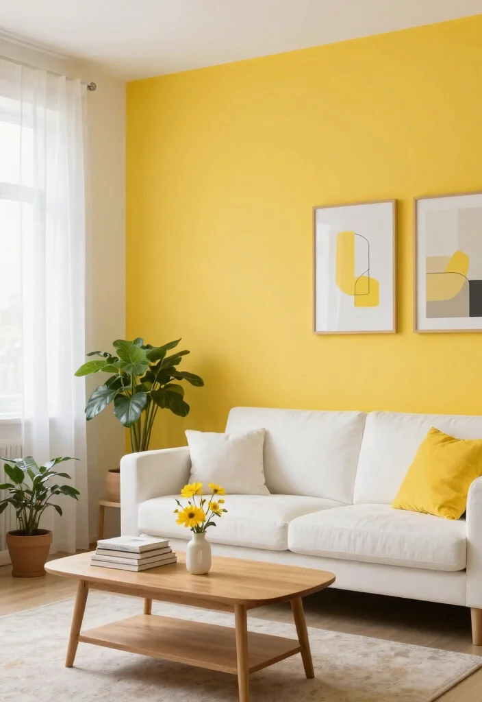 30 Yellow Decor Living Room Ideas for a Cheerful Stylish Space - 2. Bright Yellow Accent Wall 1