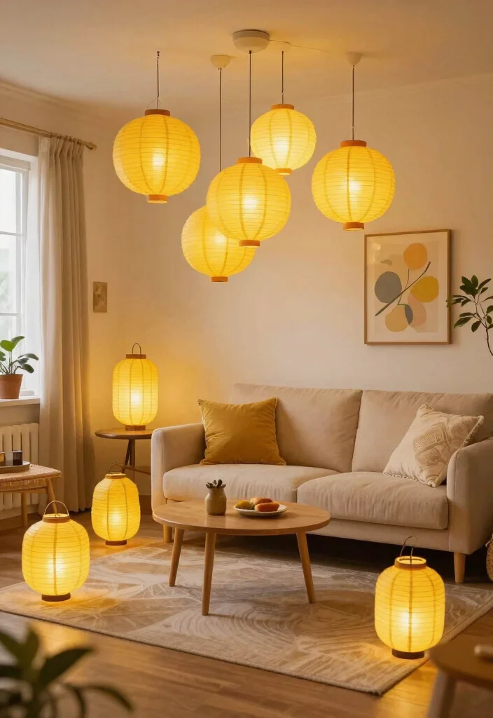 30 Yellow Decor Living Room Ideas for a Cheerful Stylish Space - 20. Eclectic Yellow Lanterns 1