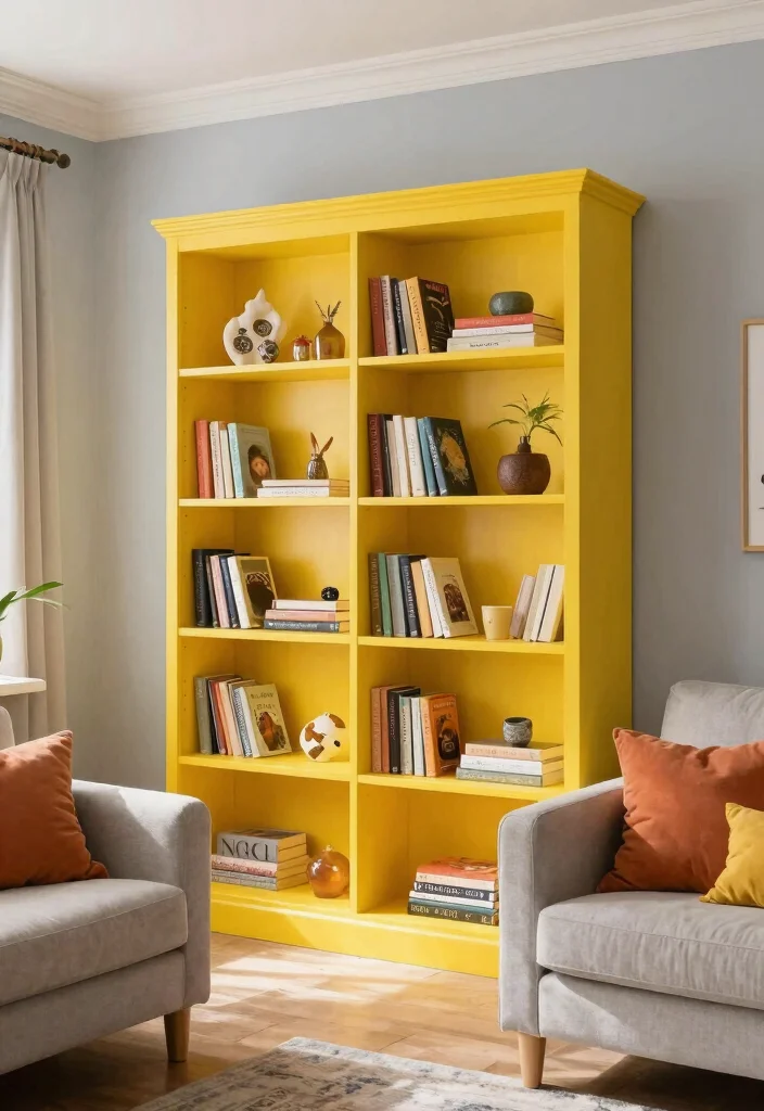 30 Yellow Decor Living Room Ideas for a Cheerful Stylish Space - 21. Yellow Bookcases 1