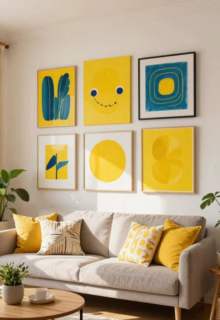 30 Yellow Decor Living Room Ideas for a Cheerful Stylish Space - 23. Vibrant Yellow Accents in Artwork 1