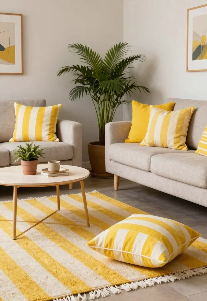 30 Yellow Decor Living Room Ideas for a Cheerful Stylish Space - 24. Yellow Striped Accessories 1