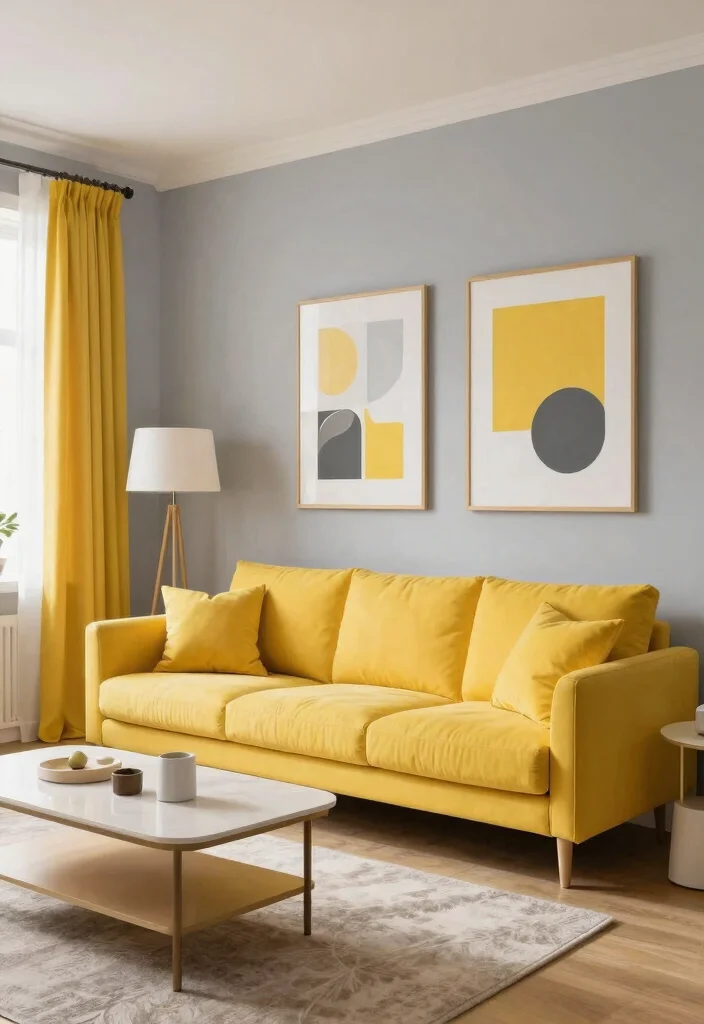 30 Yellow Decor Living Room Ideas for a Cheerful Stylish Space - 26. Yellow and Gray Color Palette 1