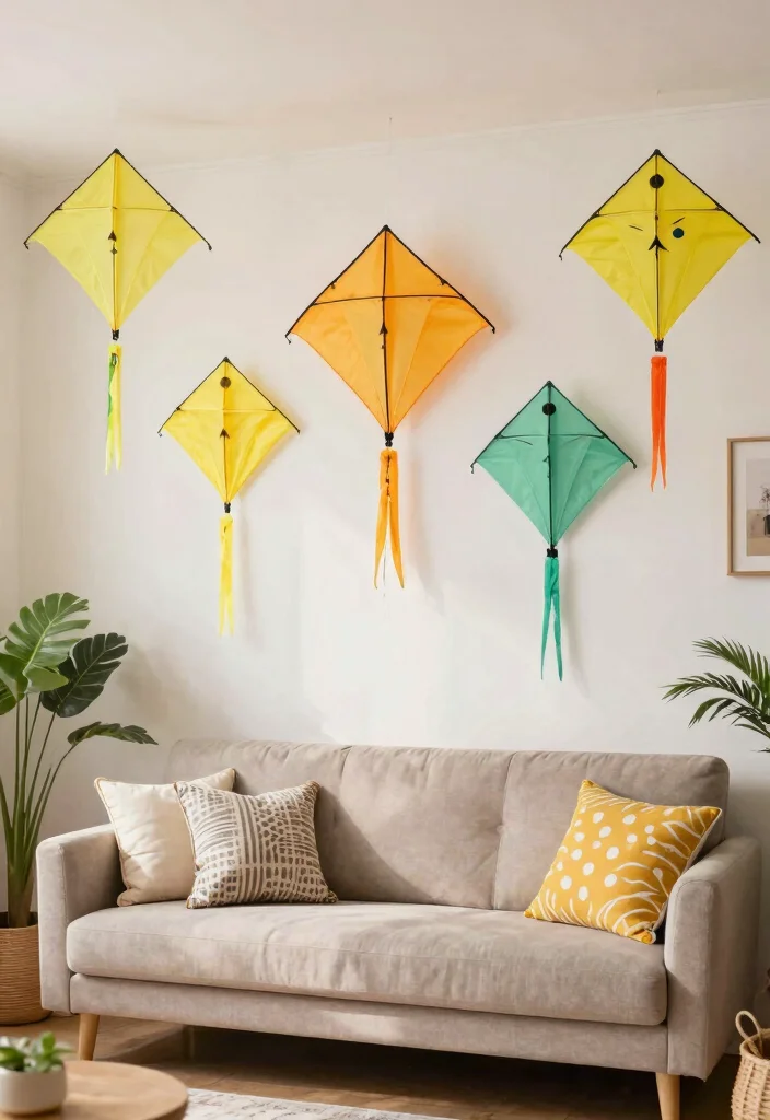 30 Yellow Decor Living Room Ideas for a Cheerful Stylish Space - 27. Yellow Kites and Banners 1