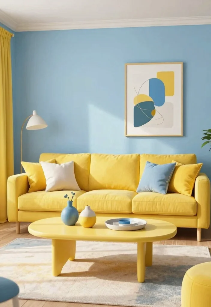30 Yellow Decor Living Room Ideas for a Cheerful Stylish Space - 28. Yellow and Blue Color Schemes 1