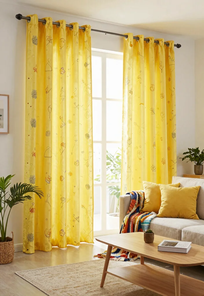 30 Yellow Decor Living Room Ideas for a Cheerful Stylish Space - 3. Fun Yellow Curtains 1