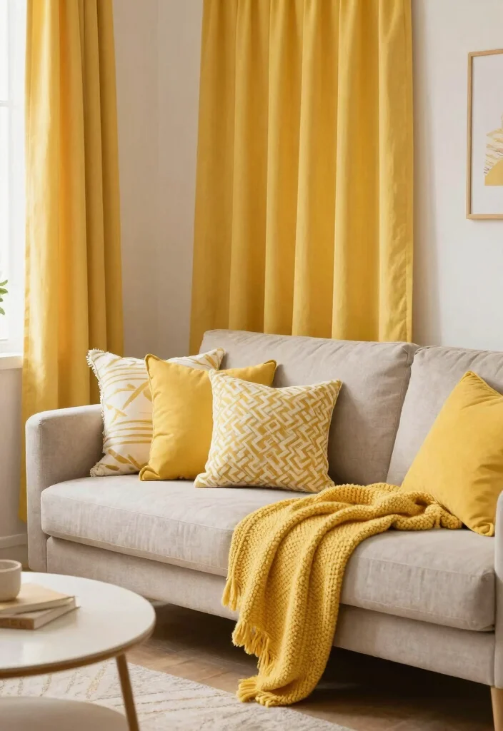 30 Yellow Decor Living Room Ideas for a Cheerful Stylish Space - 30. Yellow Textiles and Fabrics 1