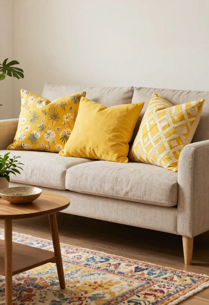 30 Yellow Decor Living Room Ideas for a Cheerful Stylish Space - 4. Chic Yellow Throw Pillows 1
