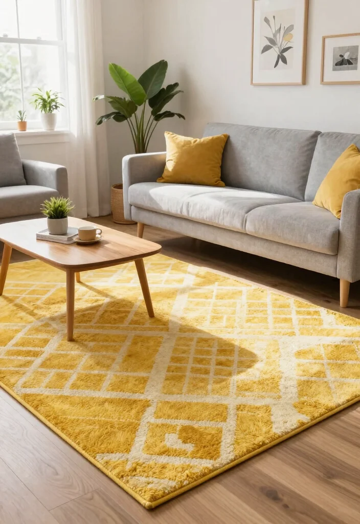 30 Yellow Decor Living Room Ideas for a Cheerful Stylish Space - 5. Yellow Rugs for a Bright Foundation 1
