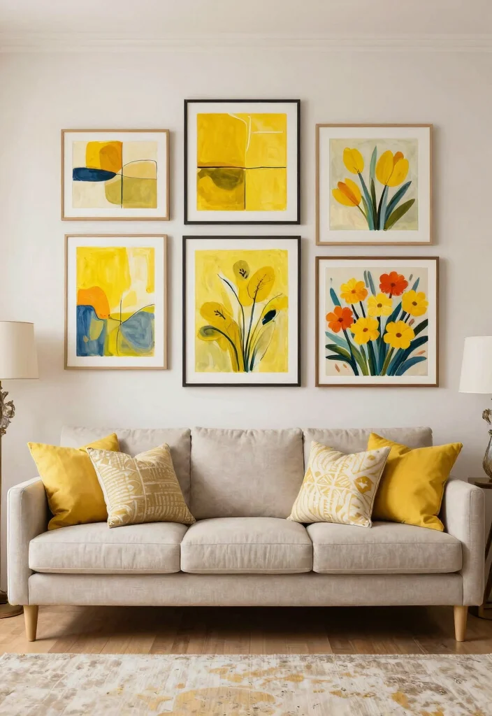 30 Yellow Decor Living Room Ideas for a Cheerful Stylish Space - 6. Yellow Artwork for a Colorful Touch 1
