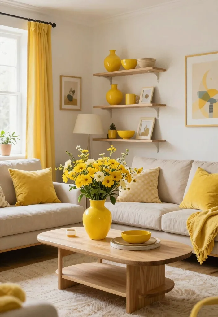 30 Yellow Decor Living Room Ideas for a Cheerful Stylish Space - 7. Gleaming Yellow Accessories 1