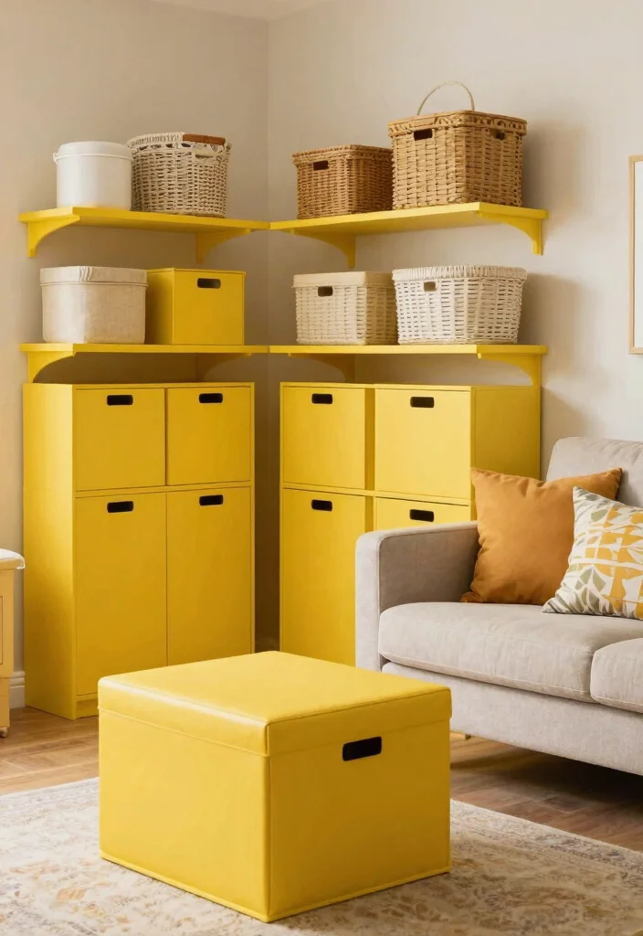 30 Yellow Decor Living Room Ideas for a Cheerful Stylish Space - 9. Yellow Storage Solutions 1