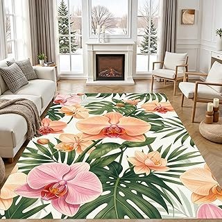 6'x9' Tropical Orchid & Monstera Leaf Area Rug for Living Room Dining Ro...
