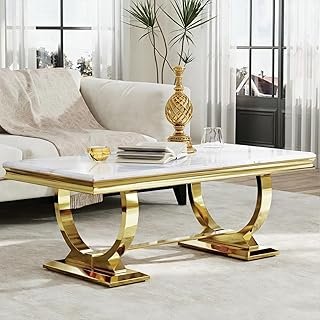 Asday Gold and White Coffee Table, Rectangle Gold Marble Coffee Table, L...
