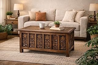 Coffee Table 36x18 Inch – Hand-Carved Solid Wood Center Table, Vintage...