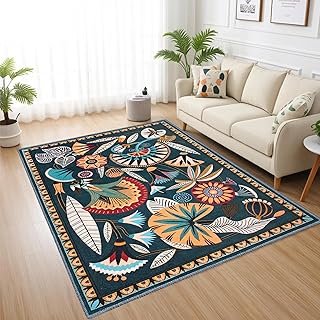 Colorful Area Rug, Non-Slip Machine Washable Midcentury Modern Rug, Vint...
