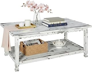 Country Cottage 42-Inch Farmhouse Coffee Table with Storage Shelf and Wh...