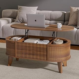 LYNCOHOME Fluted Lift Top Coffee Table with Storage,Modern Oval Coffee T...