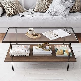 Nathan James Asher Mid-Century Rectangle Coffee Table Glass Top and Wood...