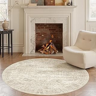 Soalmost 6x6 Beige Round Rug 6ft Living Room Circle Rug Vintage Round Ar...