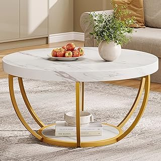 Tribesigns Modern Round Coffee Table, 2 Tier Coffee Table with Faux Whit...