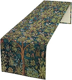 William Morris Floral Table Runner, Vintage Green Botanical Printed Tabl...