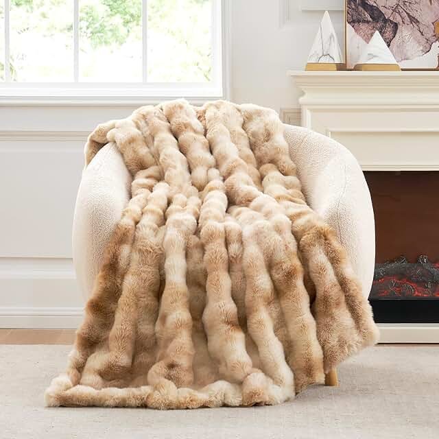 Cozy Bliss Faux Fur Throw Blanket for Couch, Fuzzy Soft Plush Thick Bubb...