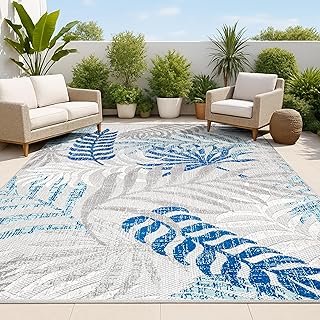 JONATHAN Y Tropics Palm Leaves Indoor Outdoor Area Rug 8X10 Gray/Blue, B...