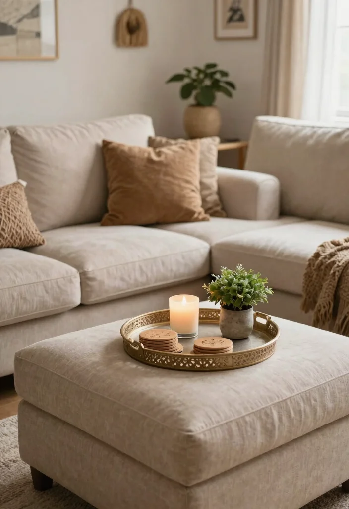 25 Beige Couch with Ottoman Ideas for a Cozy Living Room - 11. Decorative Trays for Organization 1