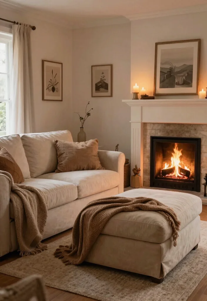 25 Beige Couch with Ottoman Ideas for a Cozy Living Room - 15. Cozy Fireplace Corner 1