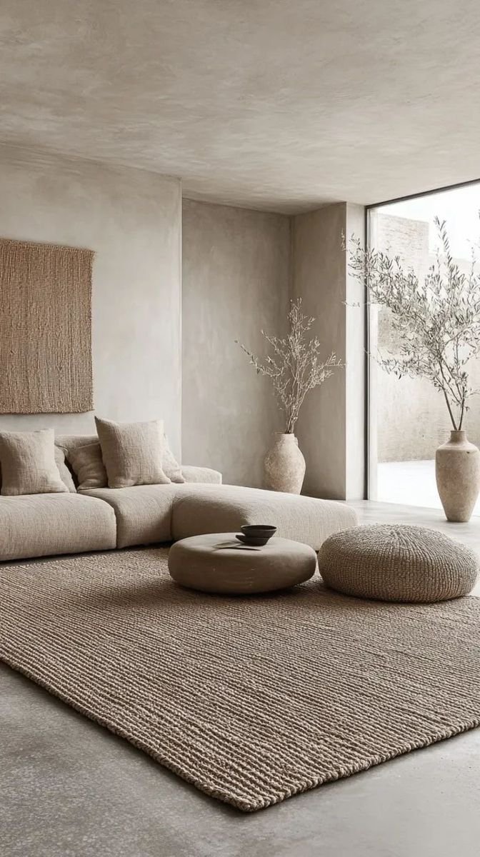25 Beige Couch with Ottoman Ideas for a Cozy Living Room - 17. Textured Wall Treatments 1