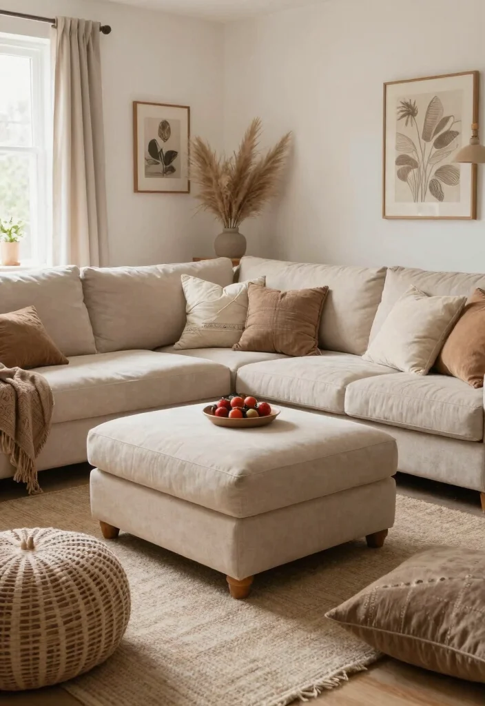 25 Beige Couch with Ottoman Ideas for a Cozy Living Room - 19. Flexible Furniture Arrangement 1