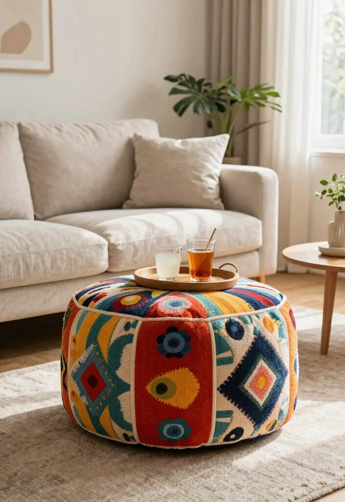 25 Beige Couch with Ottoman Ideas for a Cozy Living Room - 2. Playful Accent Ottomans 1