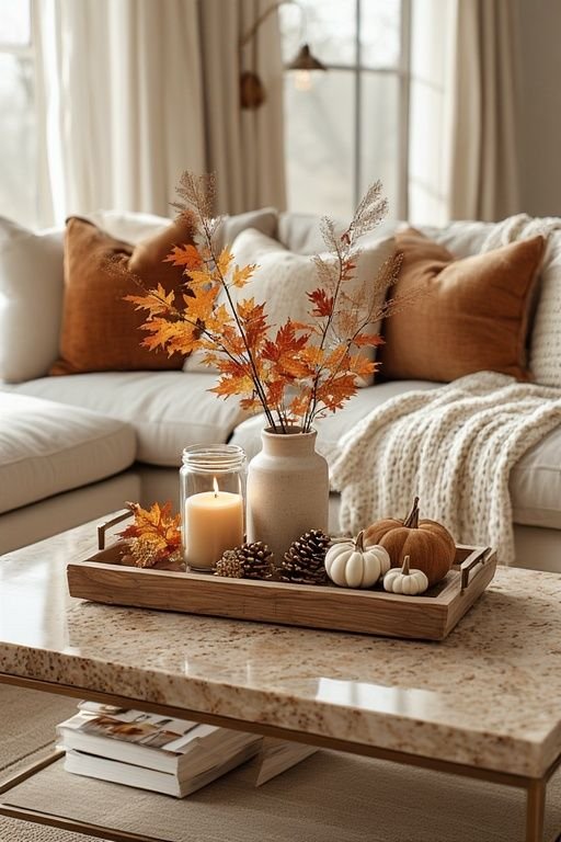 25 Beige Couch with Ottoman Ideas for a Cozy Living Room - 20. Seasonal Decor Swaps 1
