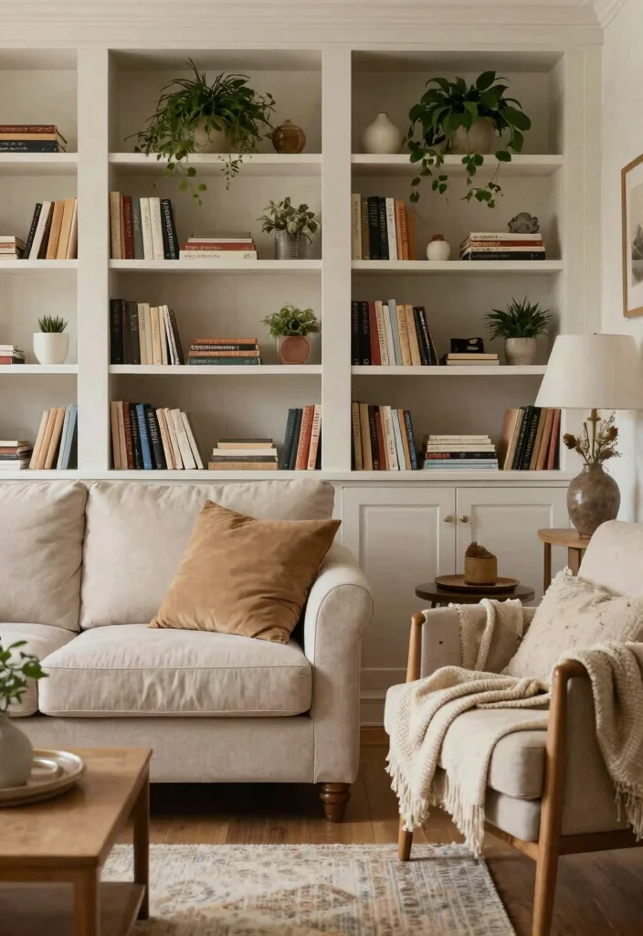 25 Beige Couch with Ottoman Ideas for a Cozy Living Room - 22. Built-In Bookshelves for Cozy Reading 1