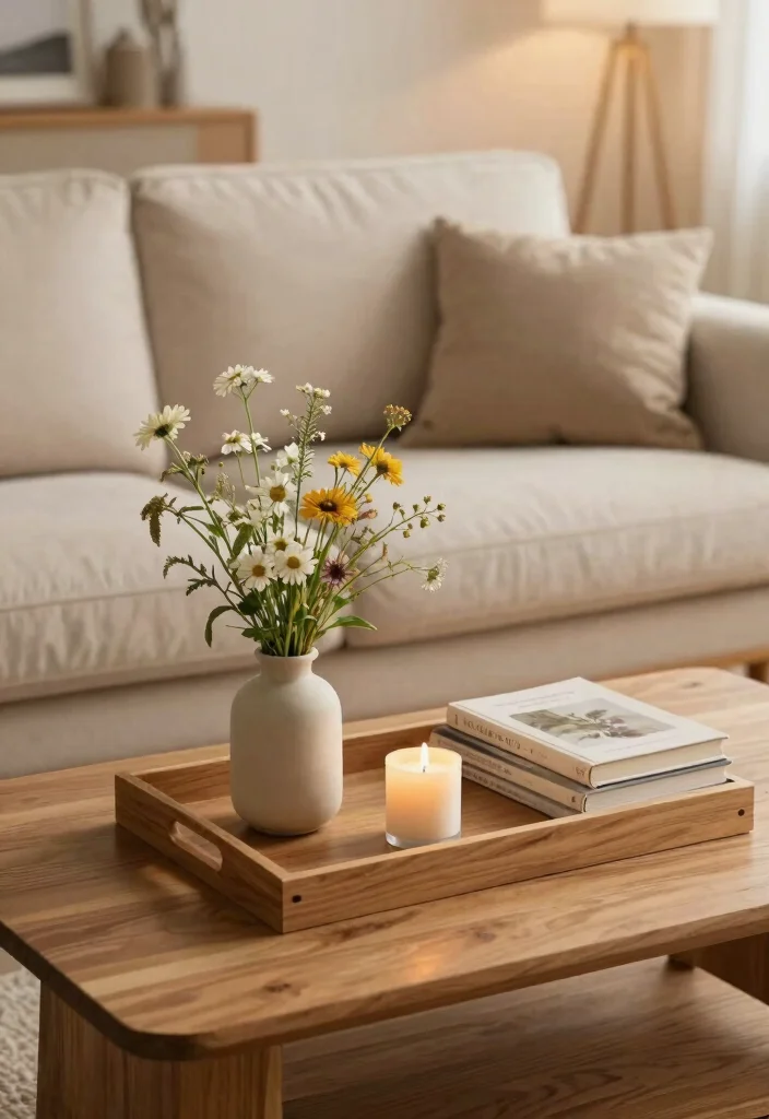 25 Beige Couch with Ottoman Ideas for a Cozy Living Room - 3. Curated Coffee Table Arrangements 1