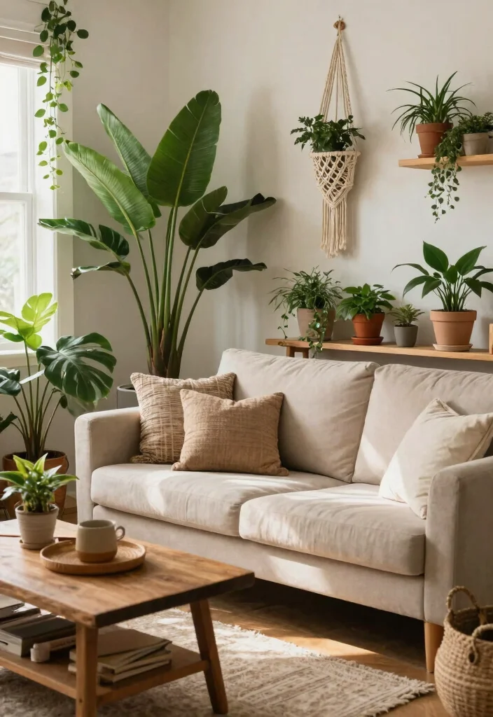 25 Beige Couch with Ottoman Ideas for a Cozy Living Room - 4. Incorporating Natural Elements 1
