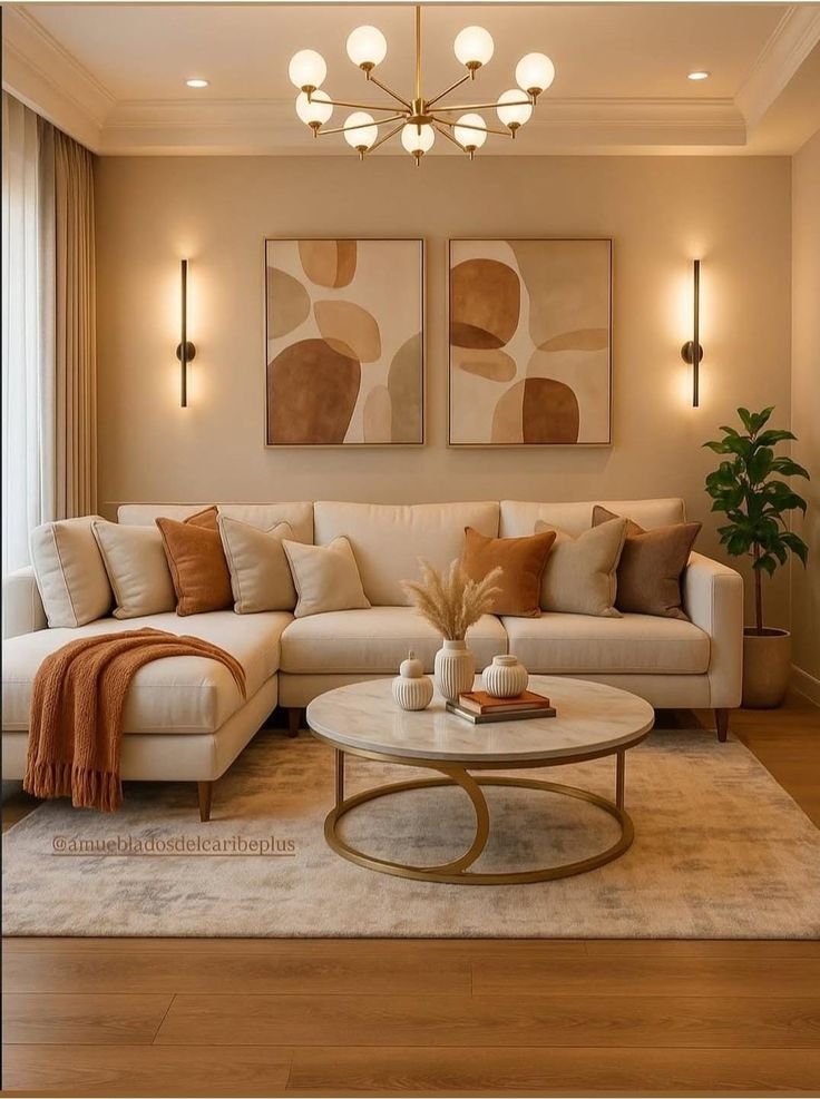 25 Beige Couch with Ottoman Ideas for a Cozy Living Room - 5. Statement Wall Art 1