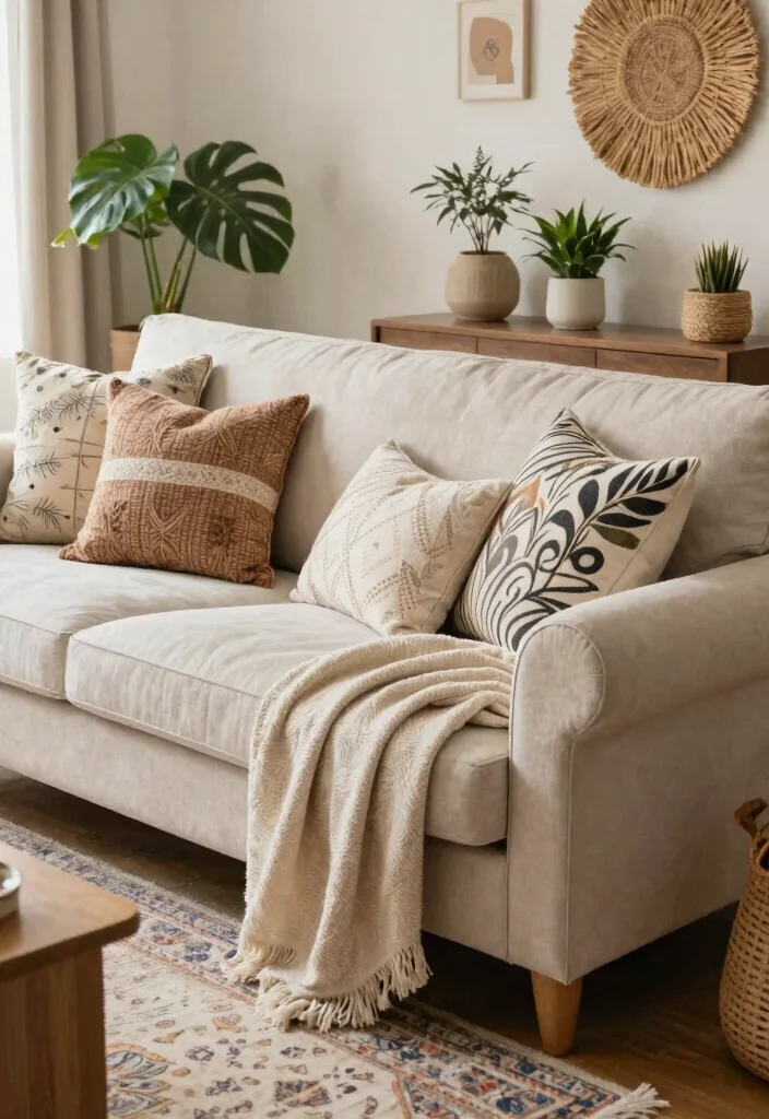25 Beige Couch with Ottoman Ideas for a Cozy Living Room - 6. Mixing Patterns and Textures 1