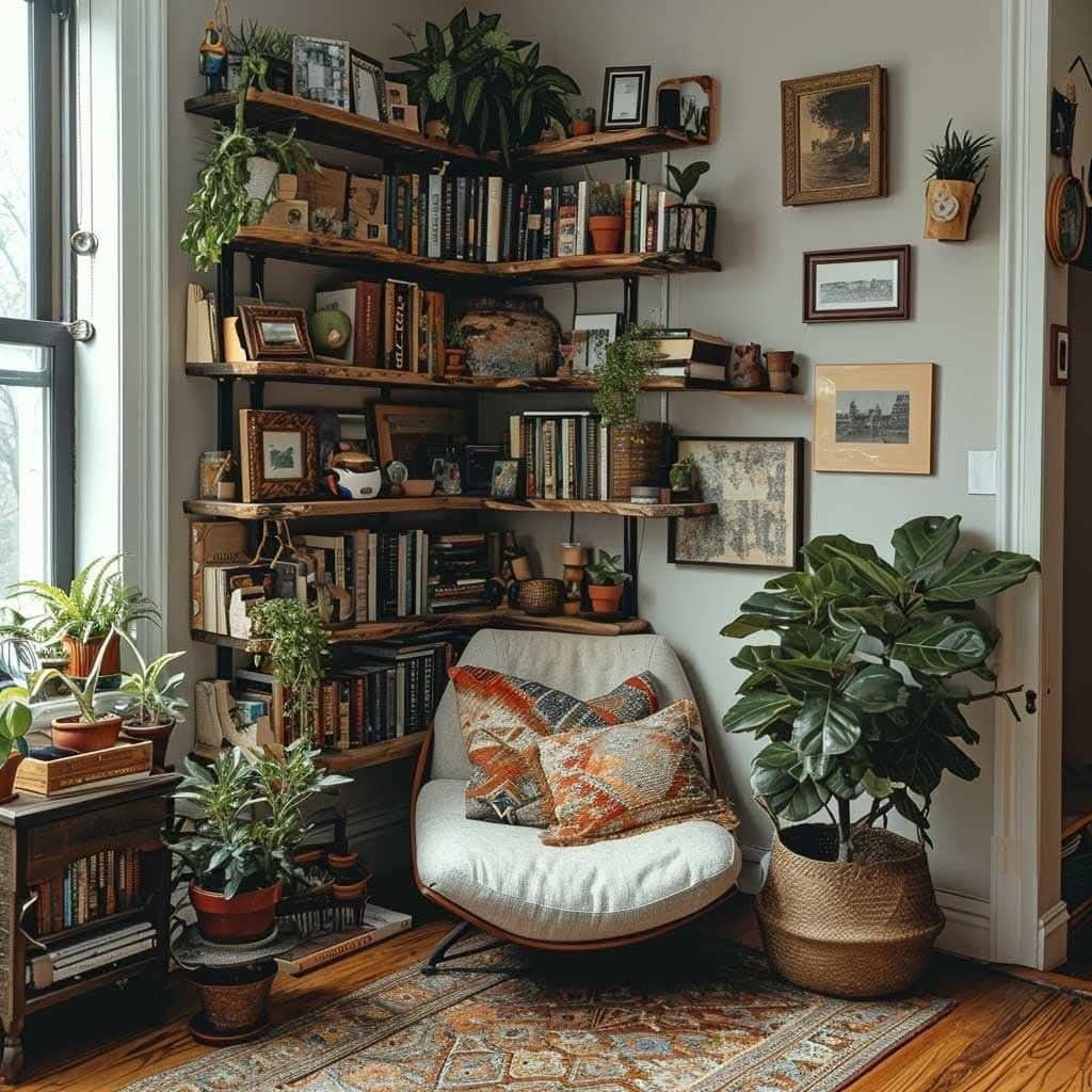 25 Comfortable Lounge Ideas to Create Your Dream Space - 18. Cozy Corner Shelves 1