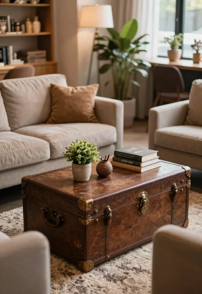 25 Comfortable Lounge Ideas to Create Your Dream Space - 20. Vintage Trunks as Coffee Tables 1