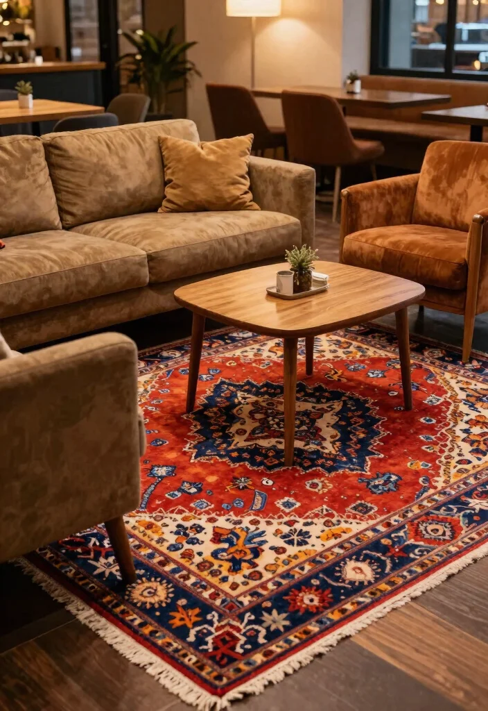 25 Comfortable Lounge Ideas to Create Your Dream Space - 25. Lively Area Rugs 1