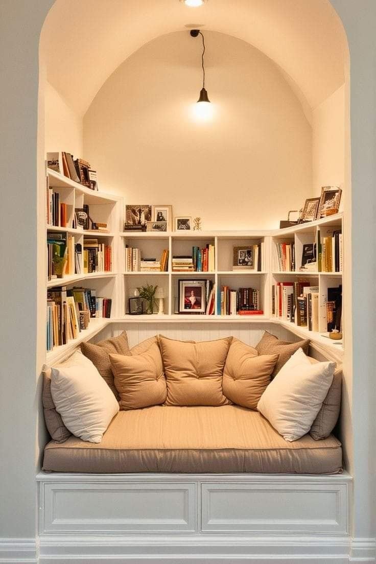 25 Comfortable Lounge Ideas to Create Your Dream Space - 3. Reading Alcove with Shelves 1