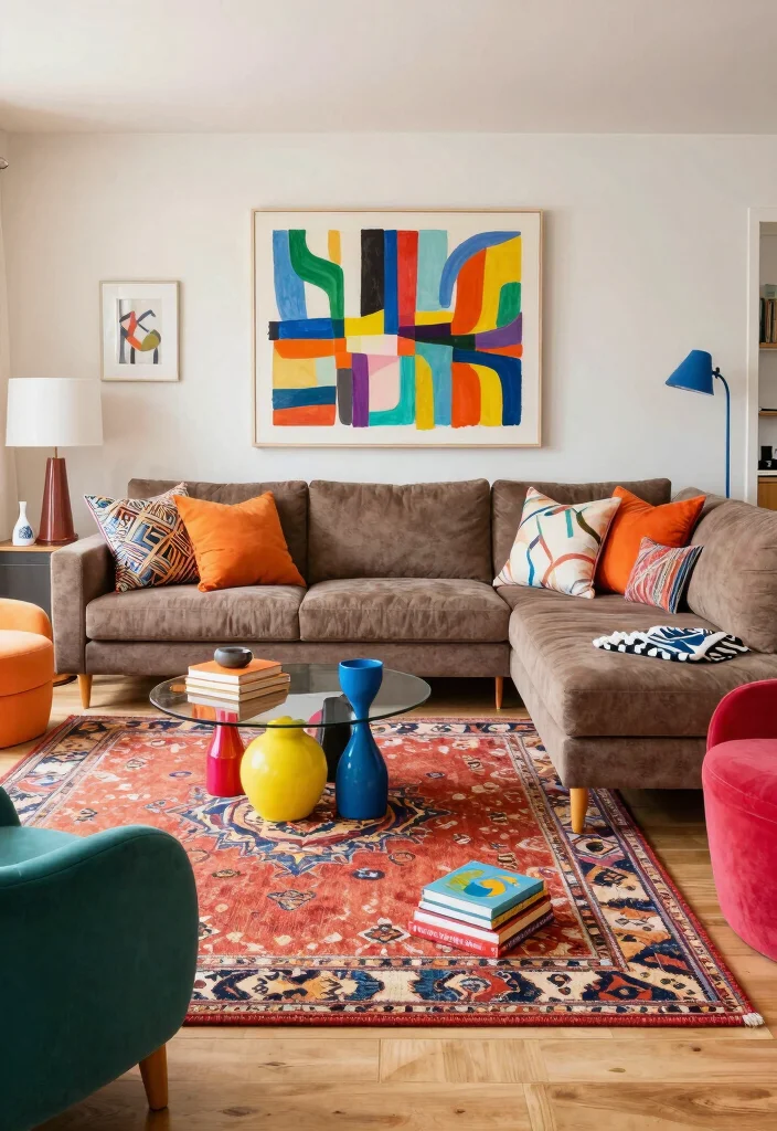 25 Contemporary Brown Sectional Sofa Ideas to Copy - 11. Colorful Contrasts 1
