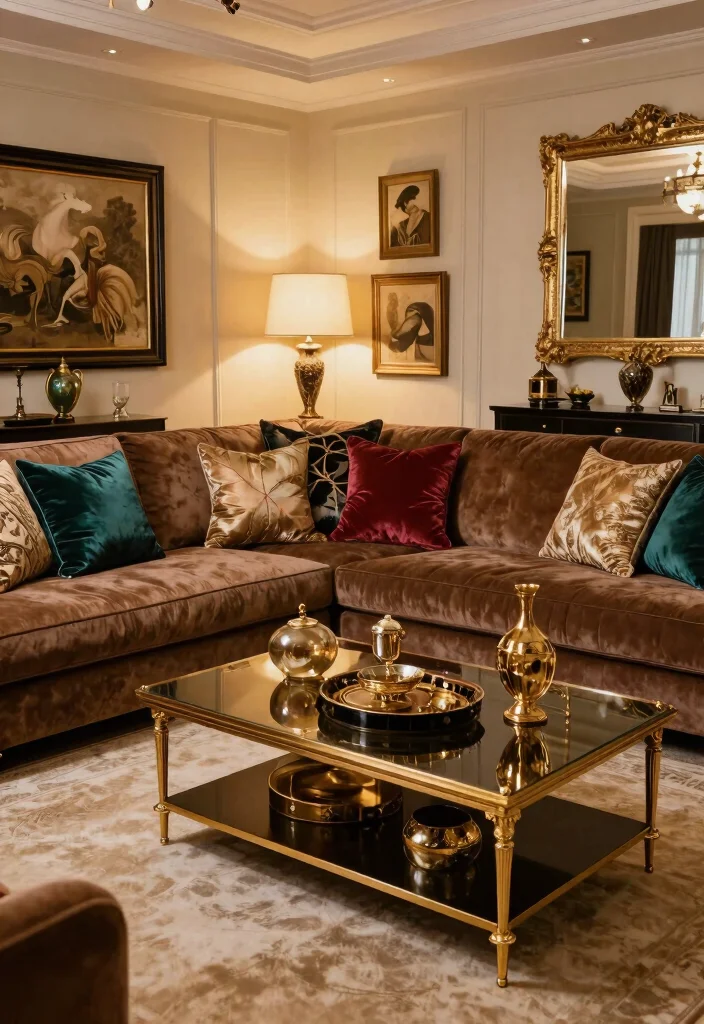 25 Contemporary Brown Sectional Sofa Ideas to Copy - 18. Vintage Glam 1