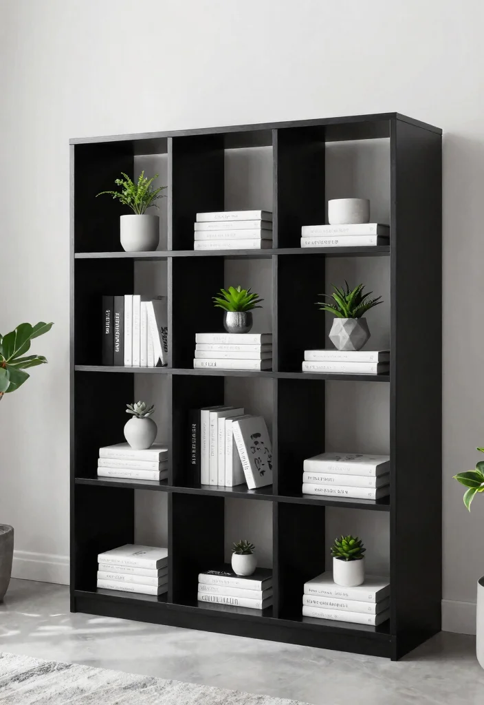 25 IKEA Living Room Bookshelf Ideas That Look Expensive - 14. Minimalist Black and White 1